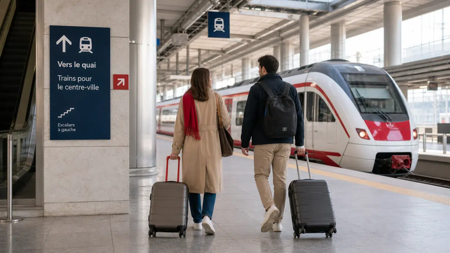 Voyageurs avec bagages se dirigeant vers un train à l’aéroport de Rome