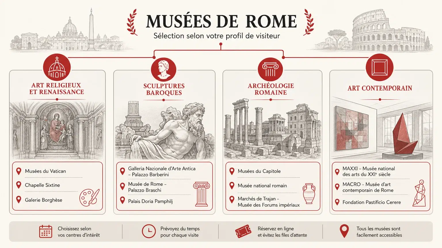 Infographie pour choisir un musée à Rome selon ses goûts et son temps