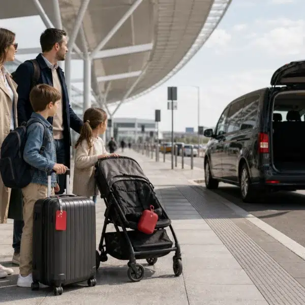 Famille avec bagages à l’arrivée à l’aéroport de Fiumicino