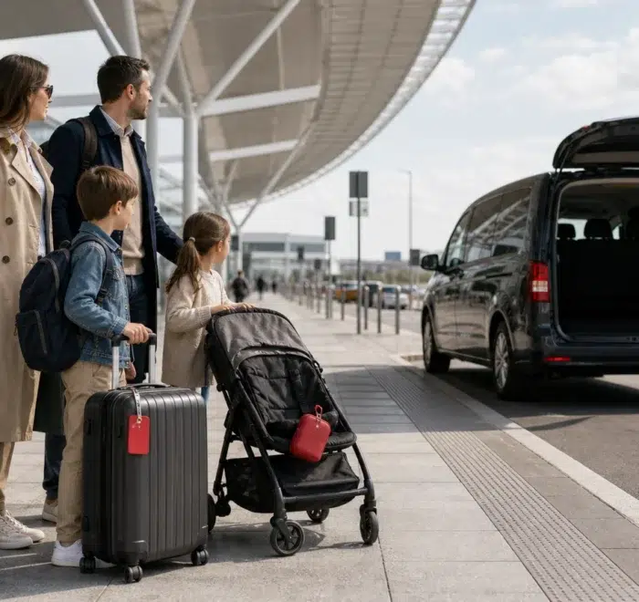 Famille avec bagages à l’arrivée à l’aéroport de Fiumicino